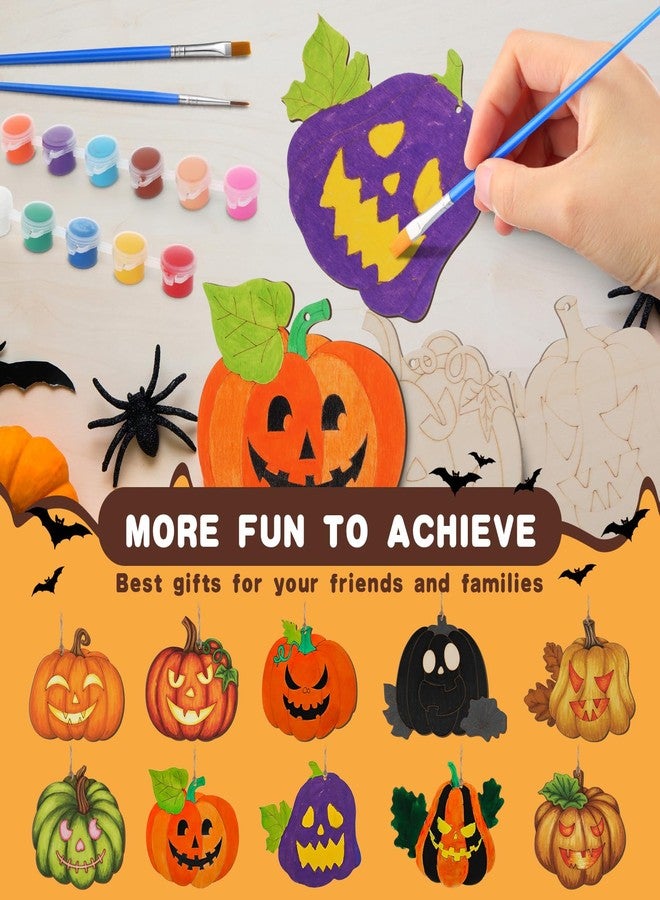 DoubleFill مجموعة دبل فيل لصنع زينة اليقطين للهالوين، 30 قطعة، زينة خشبية غير مكتملة على شكل يقطين مع فرش طلاء، 10 شرائح خشبية بتصاميم هالوين مميزة، مثالية للأنشطة الفنية والحرف اليدوية ولوازم الحفلات. - Image 4